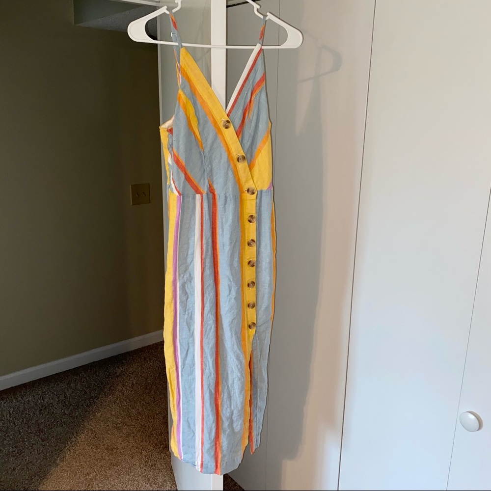 Striped Yellow and Gray Maxi Dress with Button Front